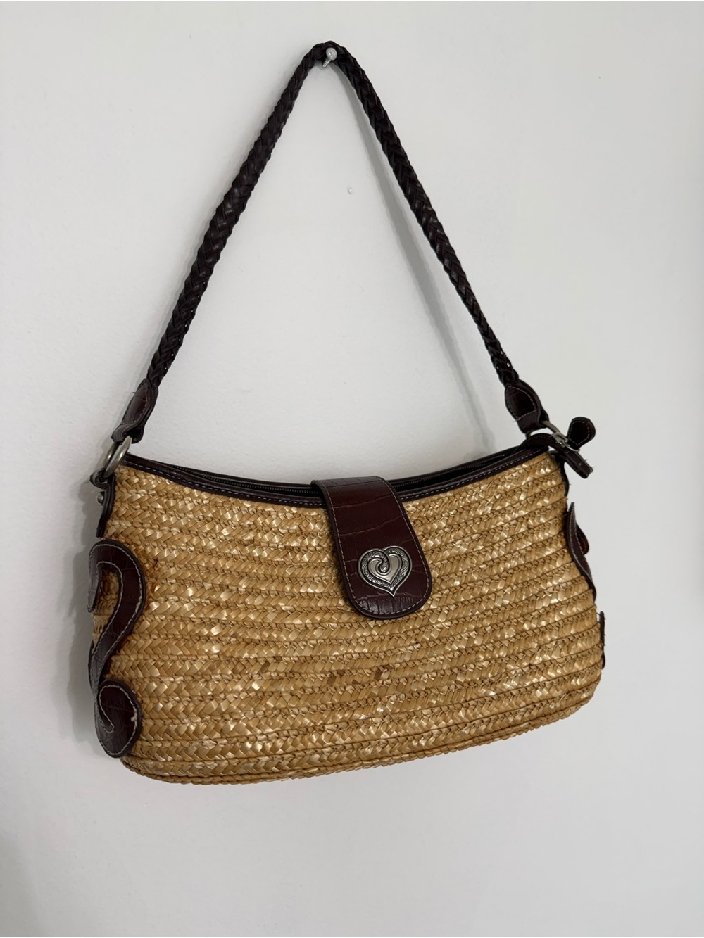 Woven Straw Shoulder Bag with Dark Brown Trim and Heart Accent